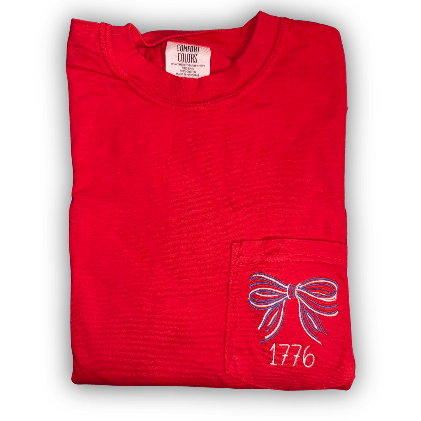1776 Red, White, and Blue Bow Short Sleeve Pocket T-Shirt