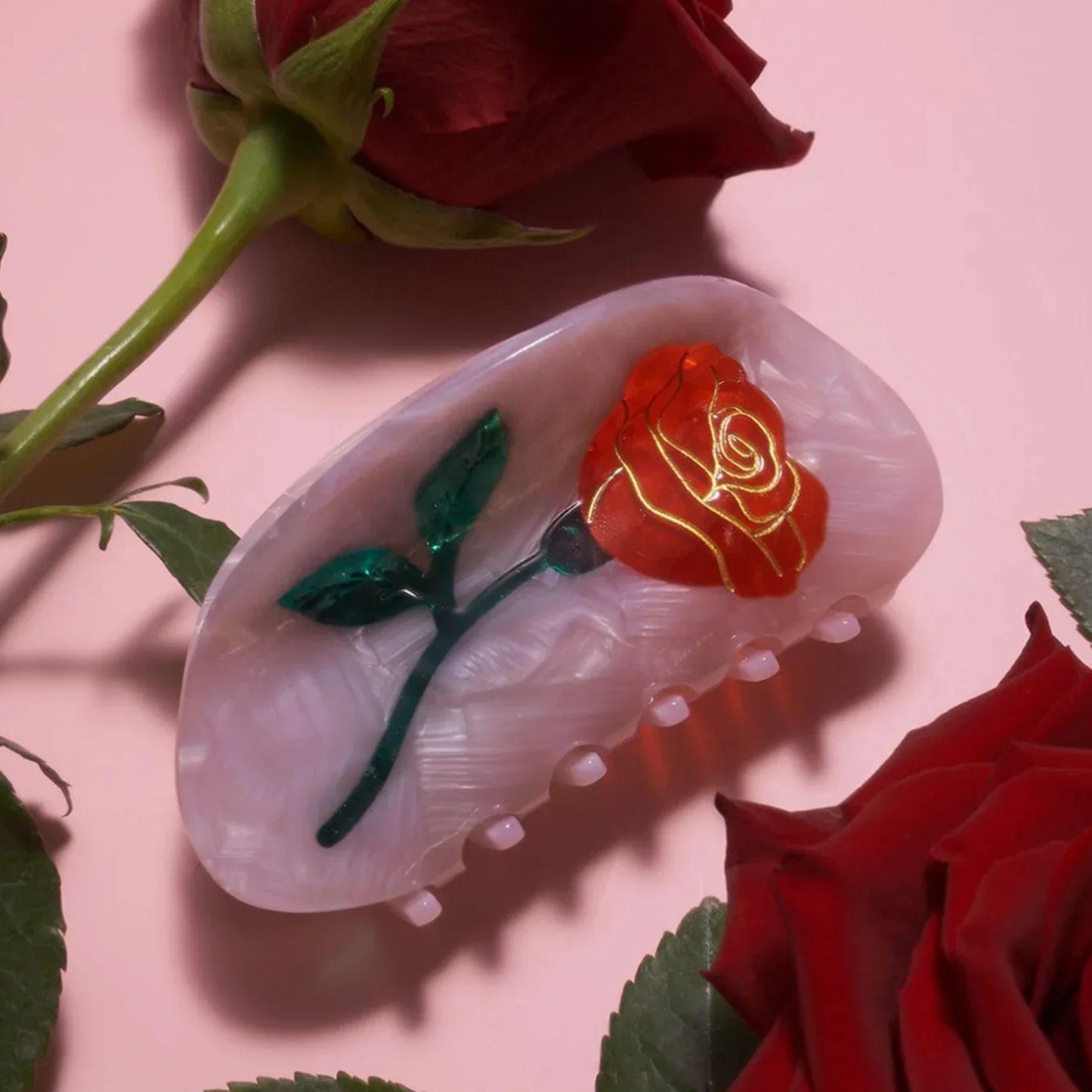 Single Red Rose Acetate Hair Claw