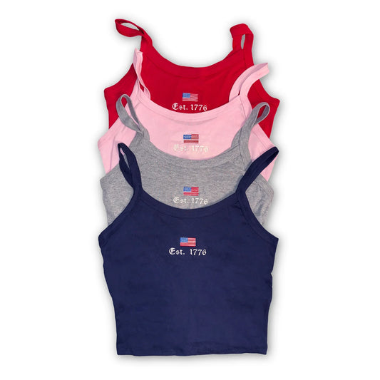 American Flag "Est. 1776" Embroidered Crop Tank Top