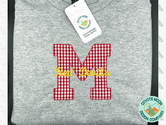 Custom Embroidered School Spirit Gingham Single Letter T Shirt or Sweatshirt