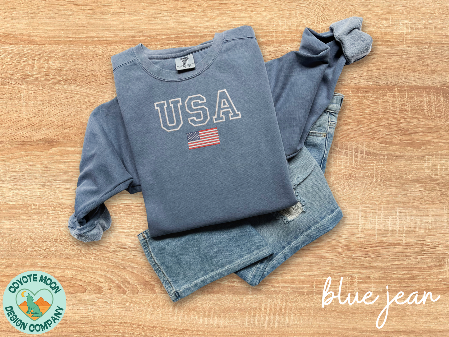 USA With Flag Embroidered Sweatshirt | Patriotic Comfort Colors Crewneck