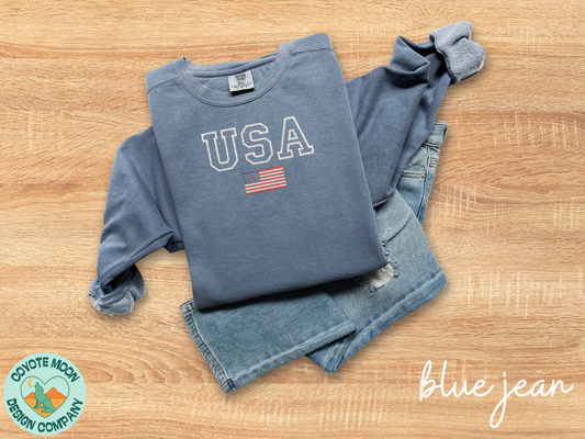 USA With Flag Embroidered Sweatshirt | Patriotic Comfort Colors Crewneck