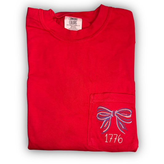 1776 Red, White, and Blue Bow Short Sleeve Pocket T-Shirt