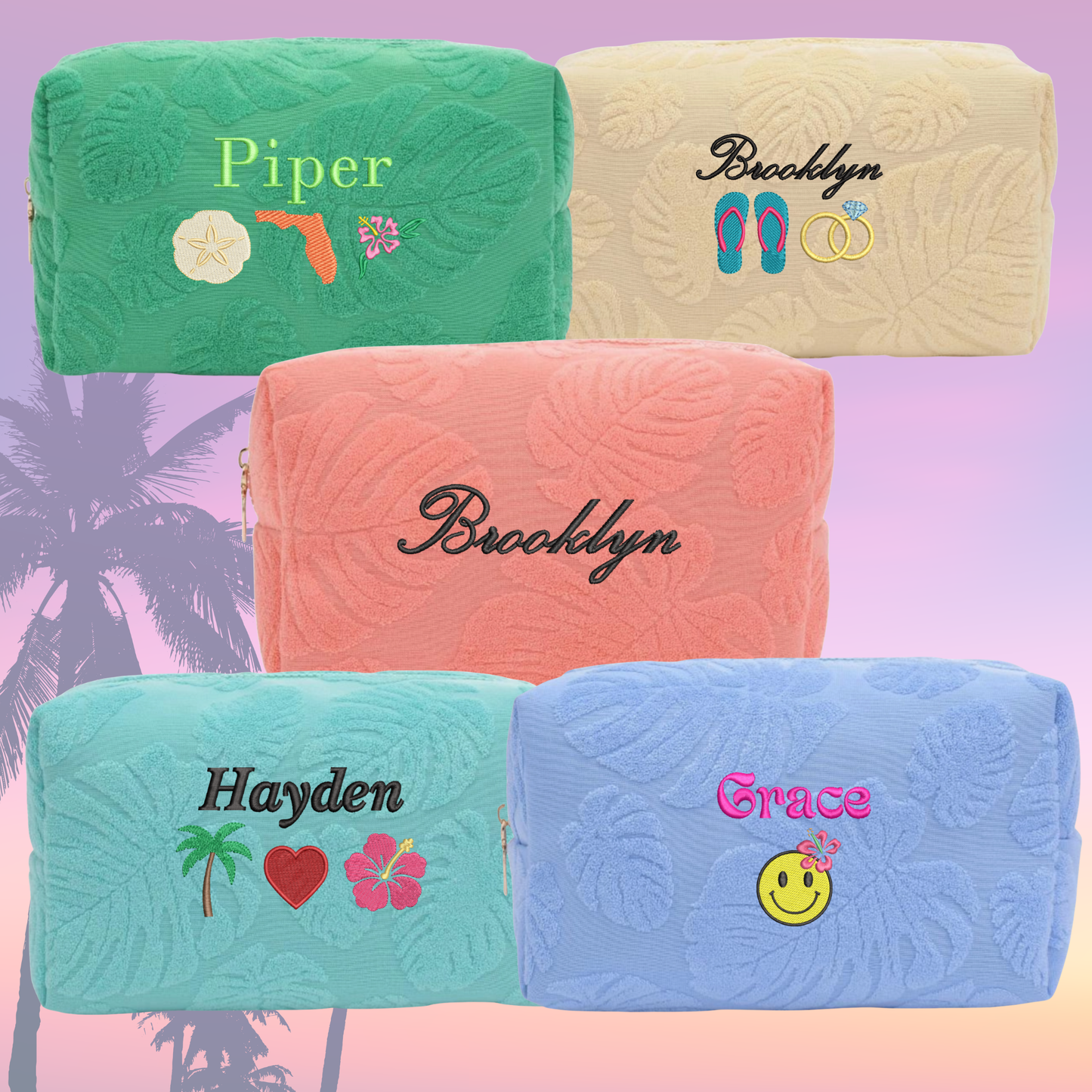 Beachside Terry Pouch - Embroidered Makeup & Travel Bag