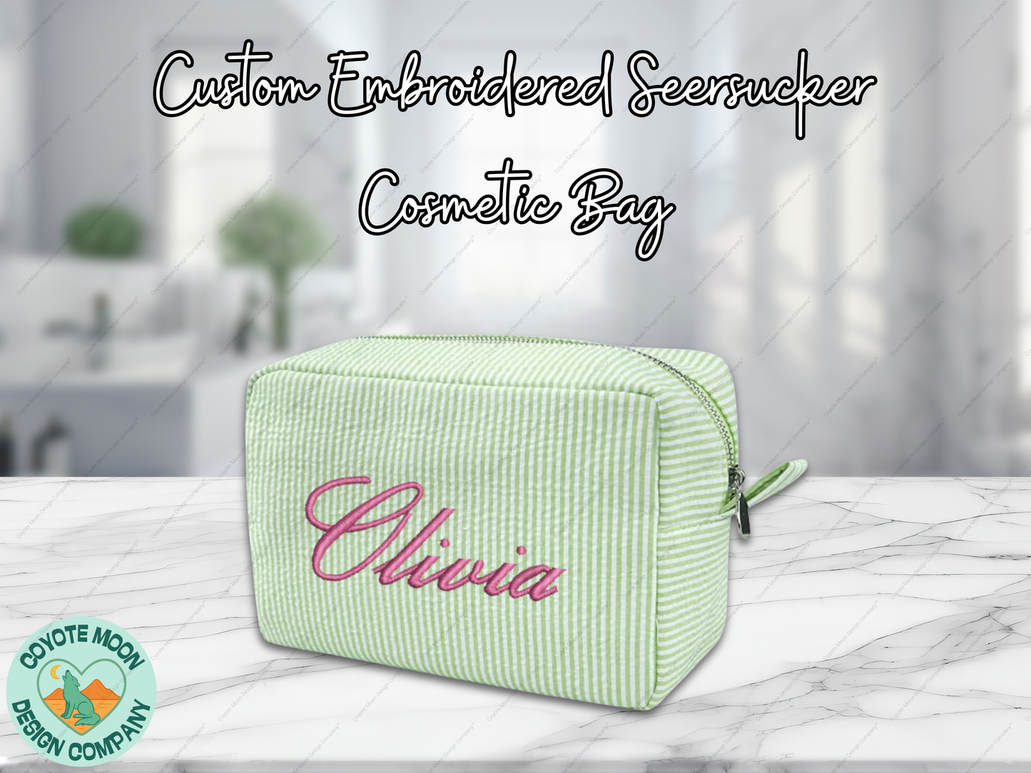 Custom Embroidered Seersucker Cosmetic Bag