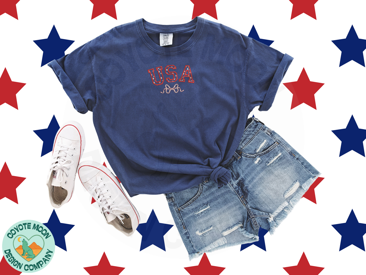 Embroidered USA Bow Patriotic Tee or Sweatshirt| Classic Comfort Colors Navy Shirt
