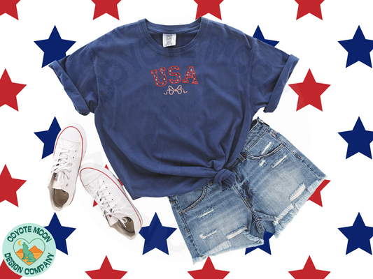 Embroidered USA Bow Patriotic Tee or Sweatshirt| Classic Comfort Colors Navy Shirt