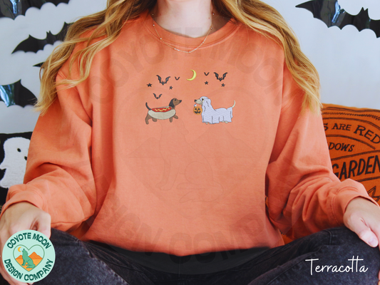 Trick or Treat Pups Embroidered Halloween Shirt| Spooky Wiener Dog Apparel