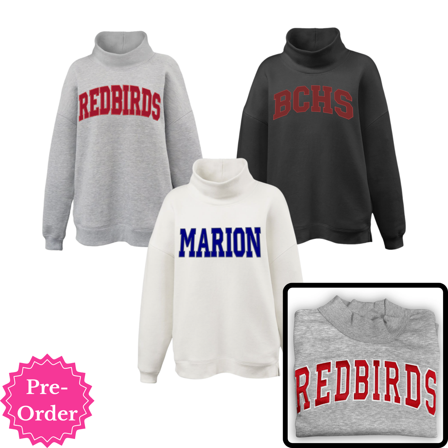 Women's embroidered oversized mockneck sweatshirt by Coyote Moon Design Company featuring detailed embroidery and a cozy fit.