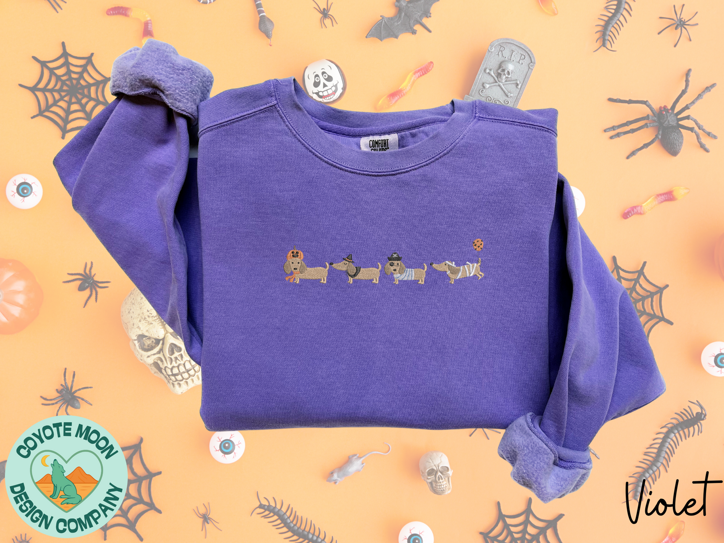 Halloween Dachshunds Embroidered Shirt| Cute Wiener Dog Crewneck, Comfort Colors, Spooky Season Apparel, Dog Lover Gift