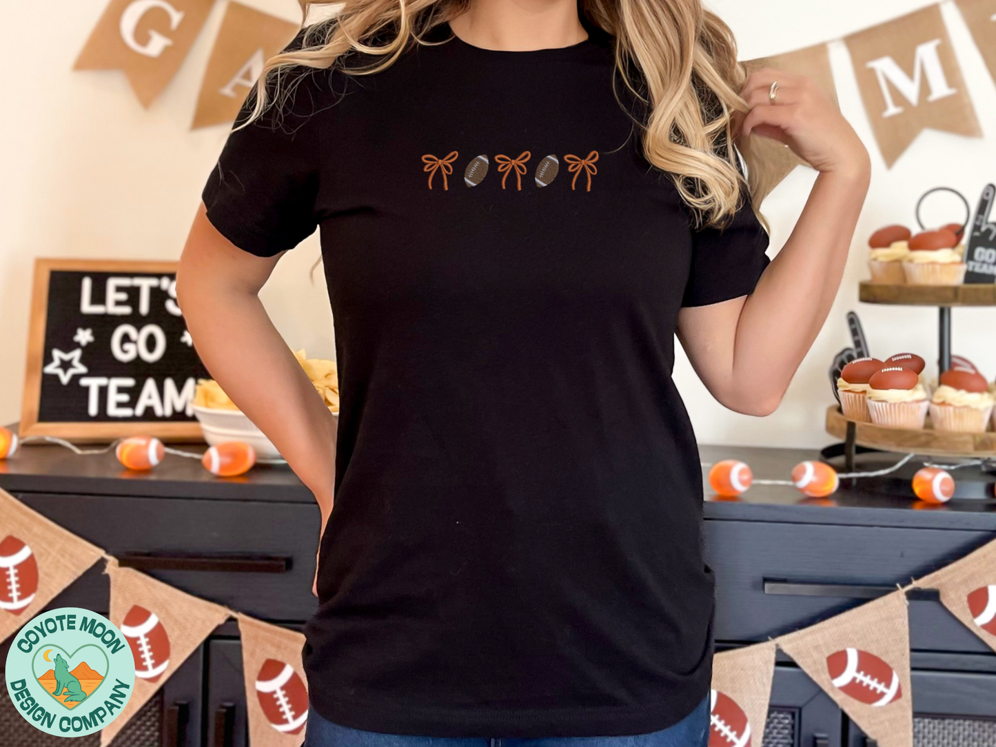 Customizable Football & Bows Embroidered Shirt | Game Day Tee