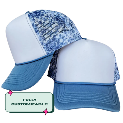 Custom Embroidered Blue Floral Magnetic Ponytail Trucker Hat