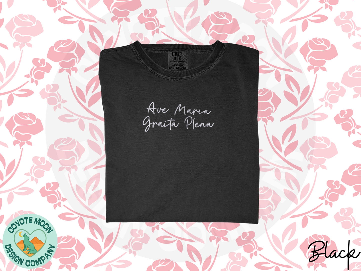 Ave Maria Gratia Plena Embroidered T-Shirt | Catholic T-Shirt | Marian Devotion Apparel