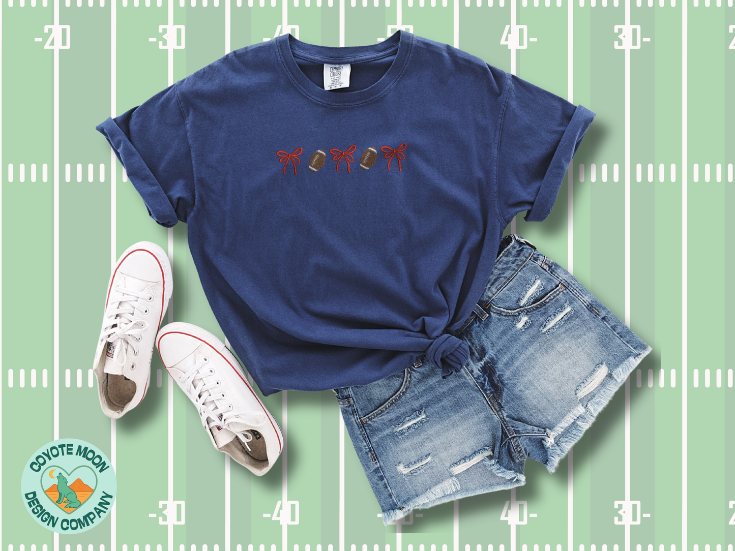Customizable Football & Bows Embroidered Shirt | Game Day Tee