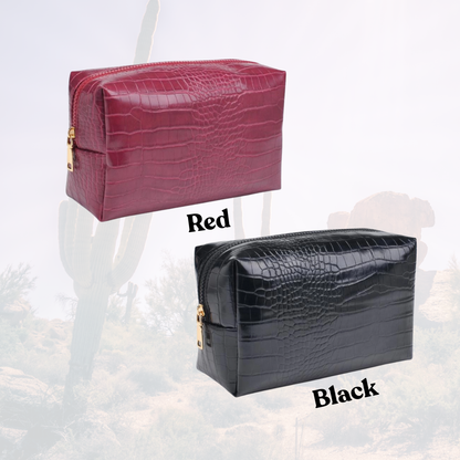 Custom Embroidered Croc Print Pouch, Faux Leather  Personalized Makeup & Travel Bag