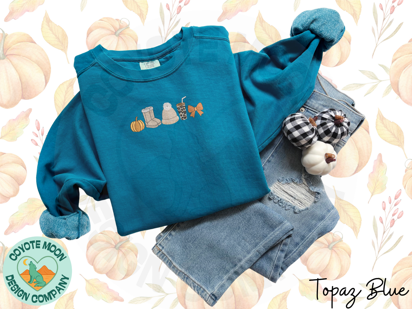 Cozy Season Icons Embroidered Sweatshirt | Fall & Winter Apparel | Comfort Colors Crewneck