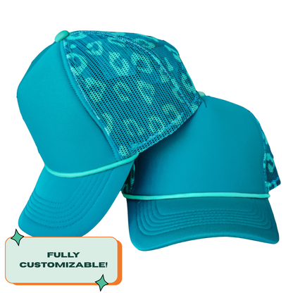 Custom Embroidered Teal Leopard Magnetic Ponytail Trucker Hat