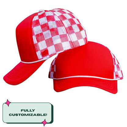 Custom Embroidered Red and White Checkered Trucker Hat