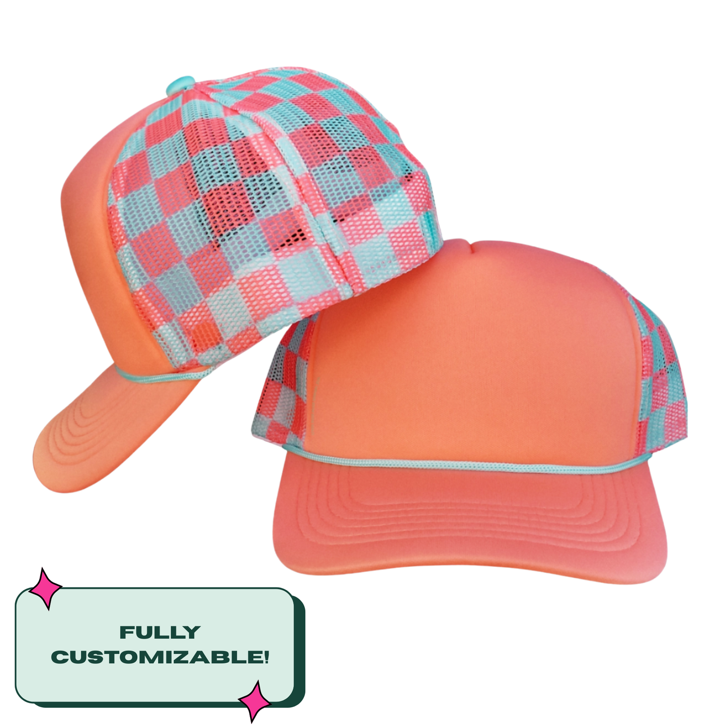 Custom Embroidered Teal and Peach Check Trucker Hat