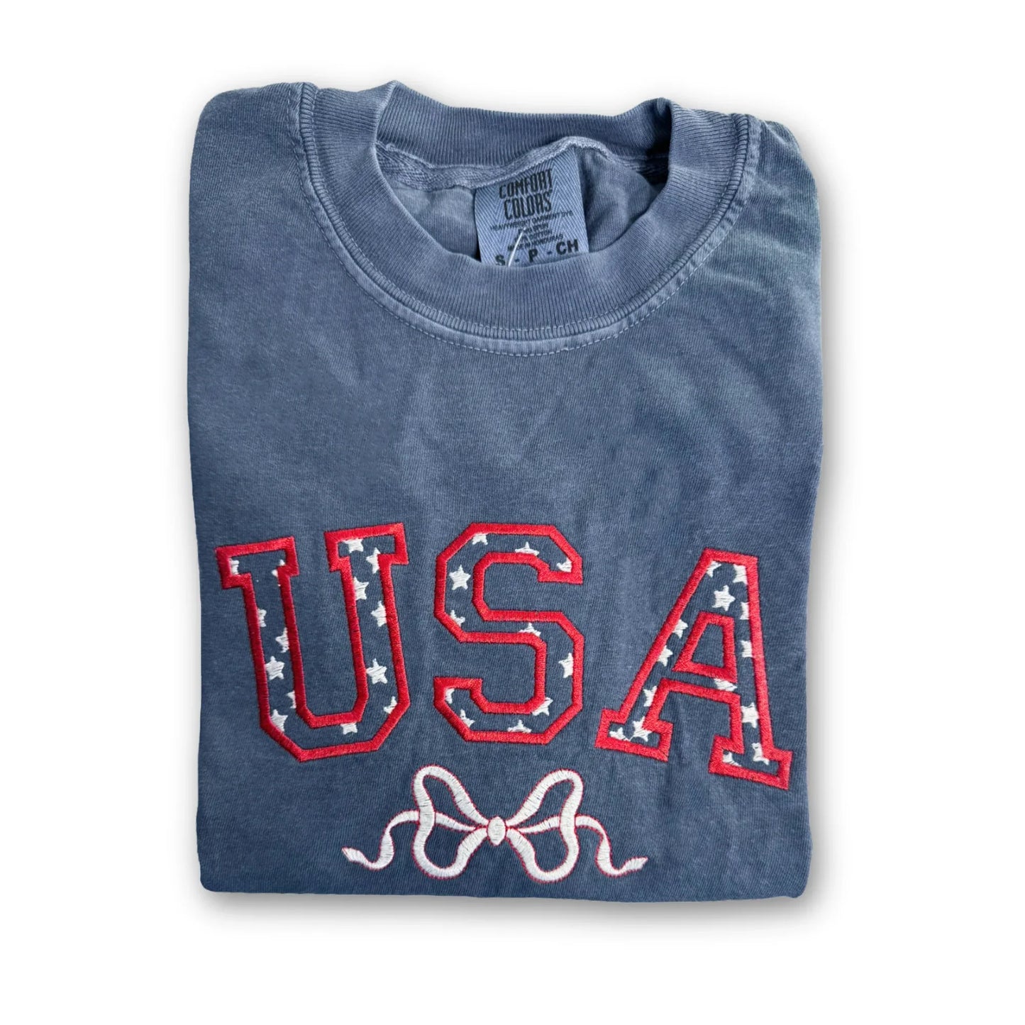 USA Stars and Bow Embroidered Short Sleeve T-Shirt