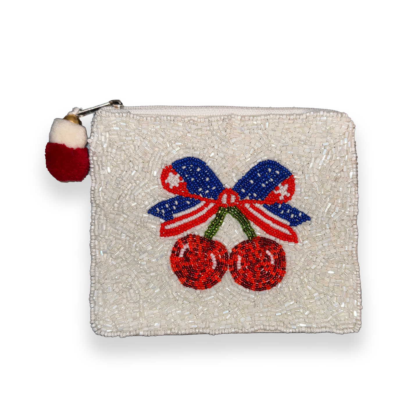 Cherries & Flag Bow Beaded Pouch
