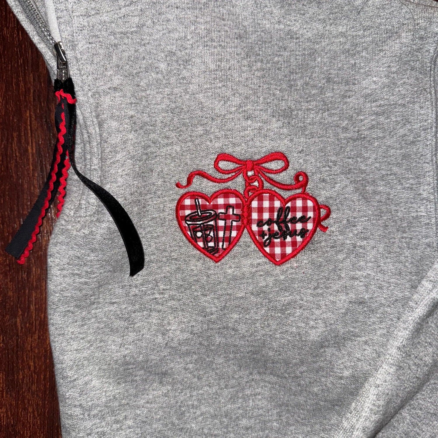 Coffee and Jesus Locket Embroidered Quarter Zip - Coyote Moon Design Company