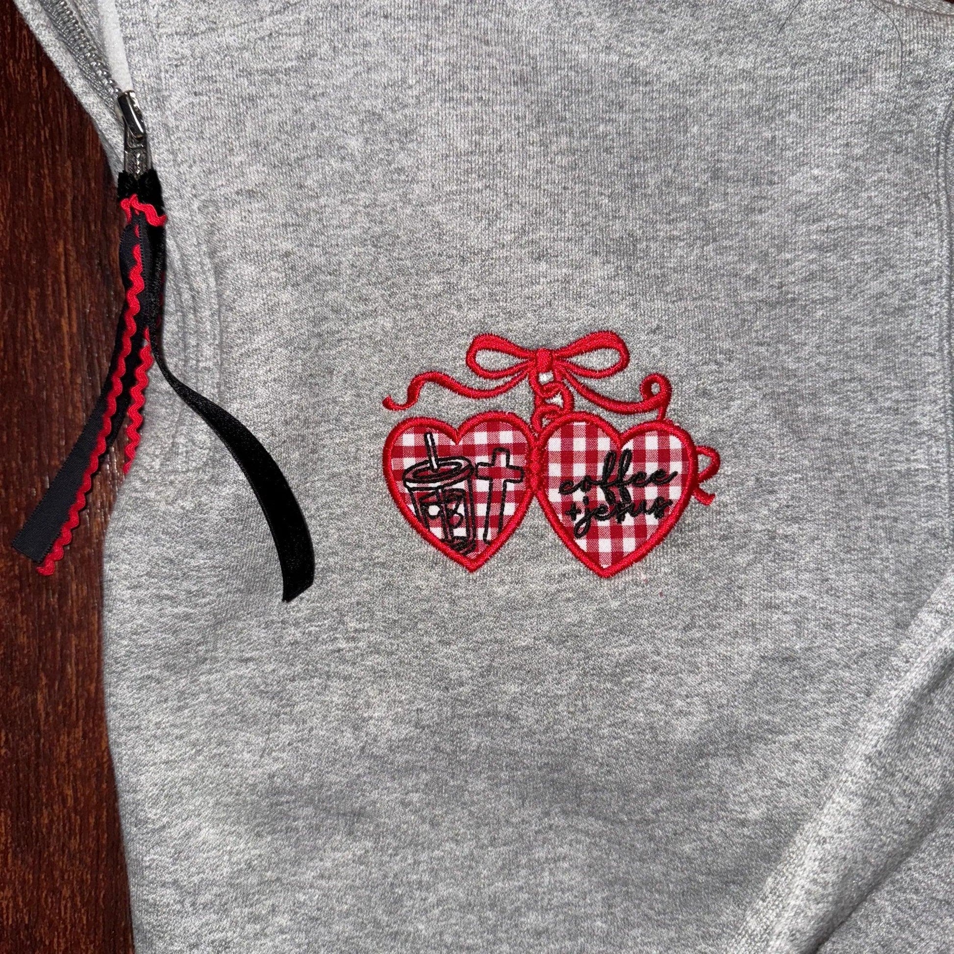 Coffee and Jesus Locket Embroidered Quarter Zip - Coyote Moon Design Company
