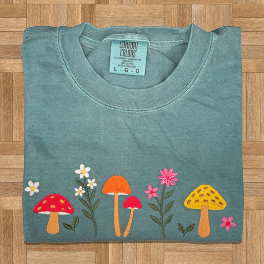Mushroom and Wildflower Embroidered Short Sleeve T-shirt