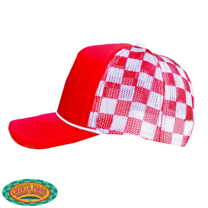 Custom Embroidered Red and White Checkered Trucker Hat