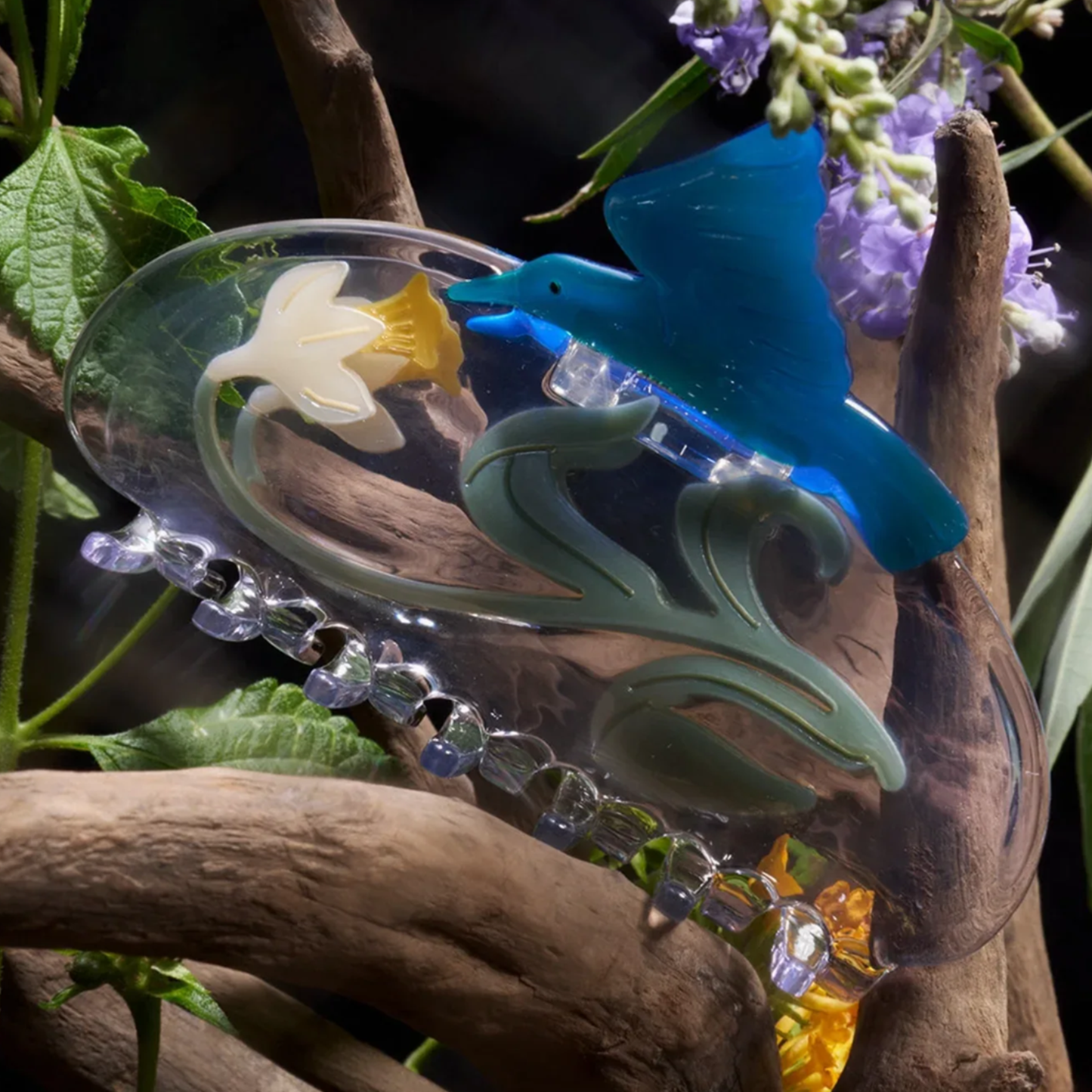 Narcissus Flower and Hummingbird Clear Acetate Hair Claw