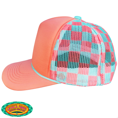 Custom Embroidered Teal and Peach Check Trucker Hat