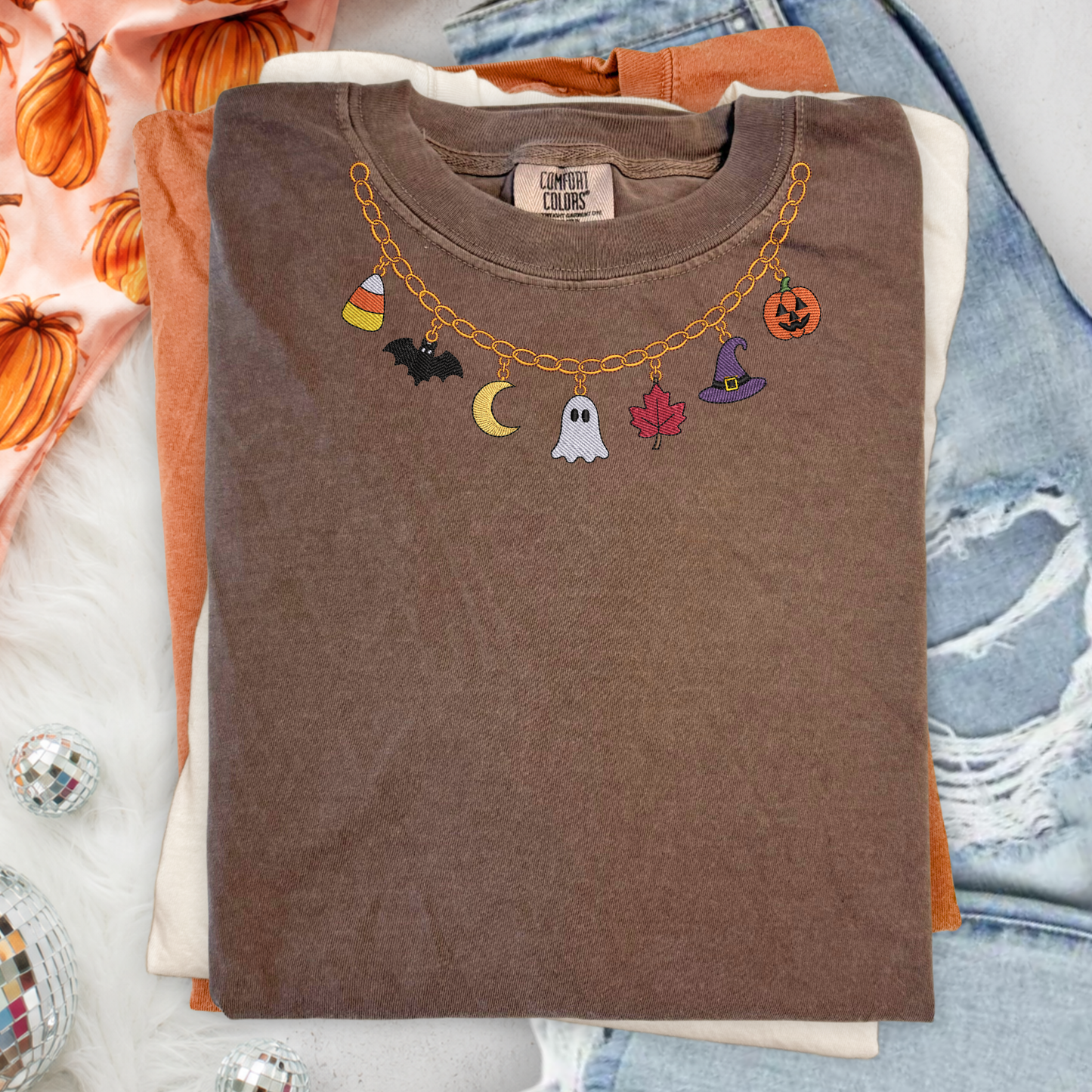Halloween Charm Necklace Embroidered Tee