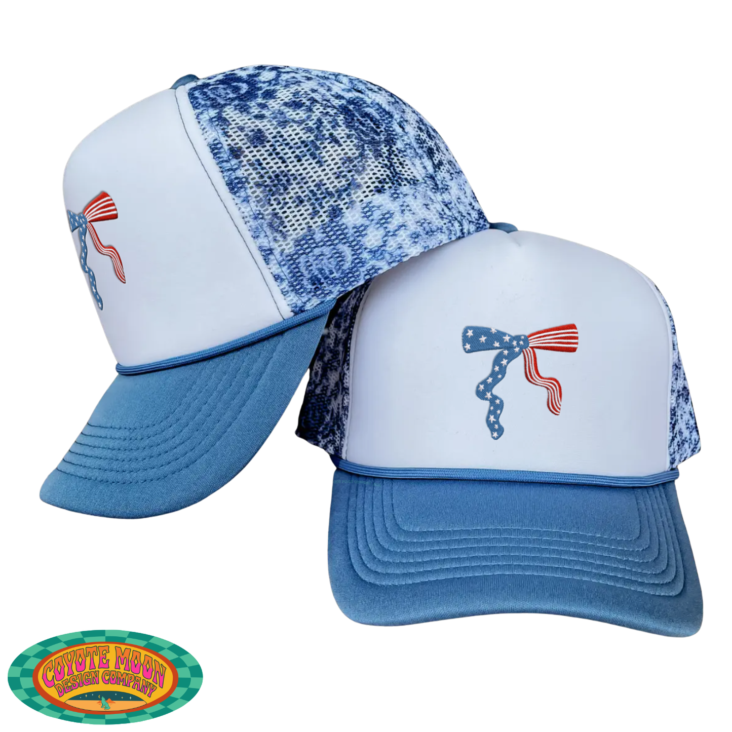 Embroidered Patriotic Bow Ponytail Trucker Hat