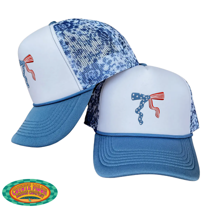 Embroidered Patriotic Bow Ponytail Trucker Hat