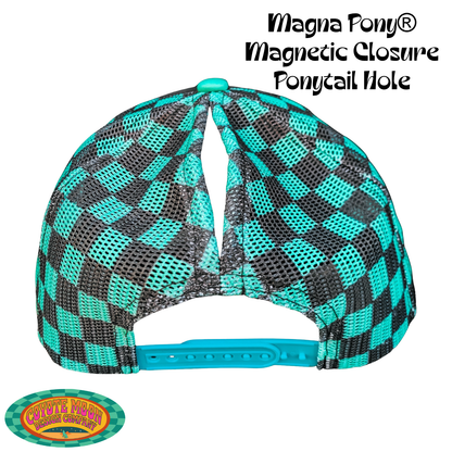 Custom Embroidered Turquoise and Black Magnetic Ponytail Trucker Hat