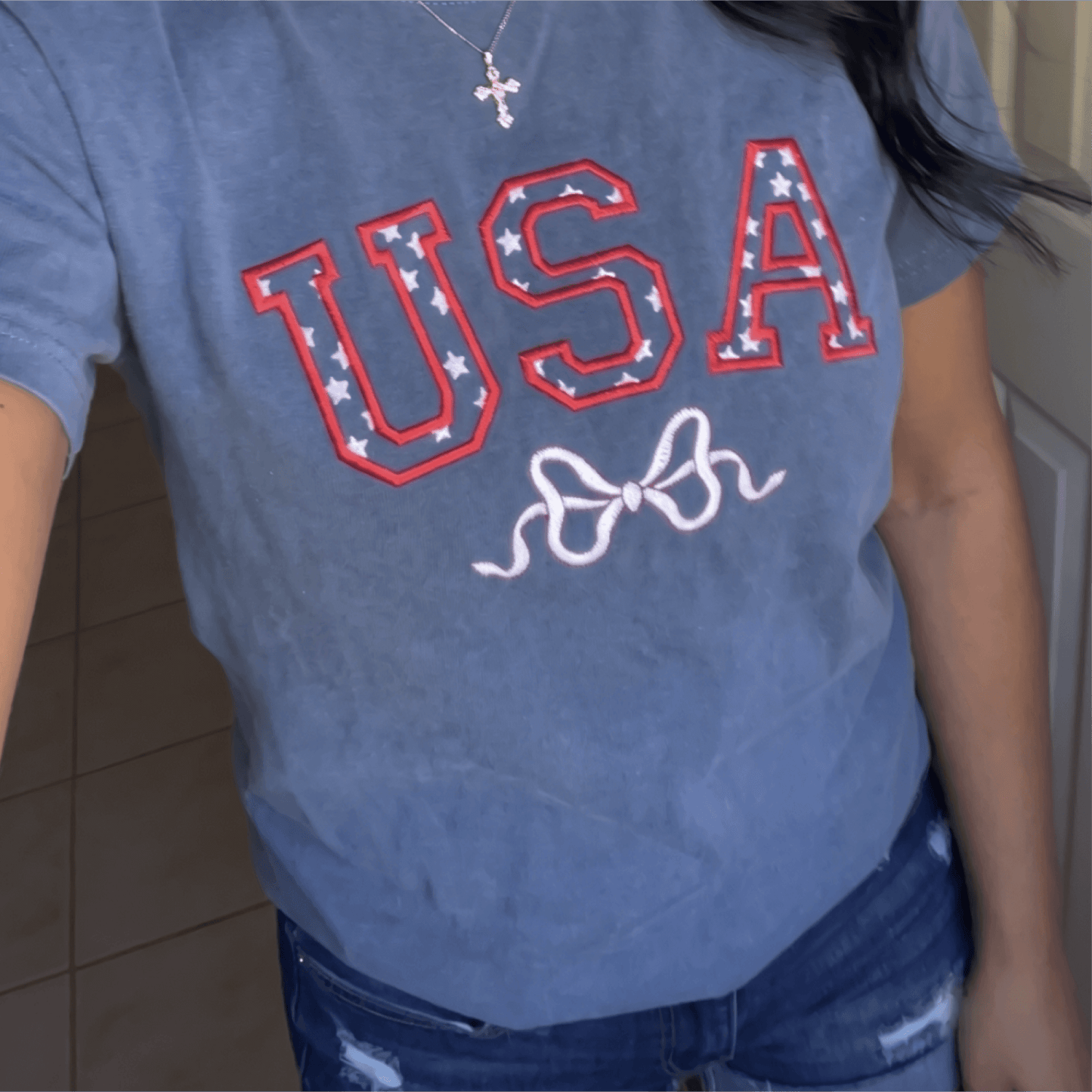 USA Stars and Bow Embroidered Short Sleeve T-Shirt