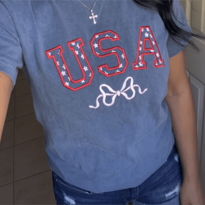 USA Stars and Bow Embroidered Short Sleeve T-Shirt