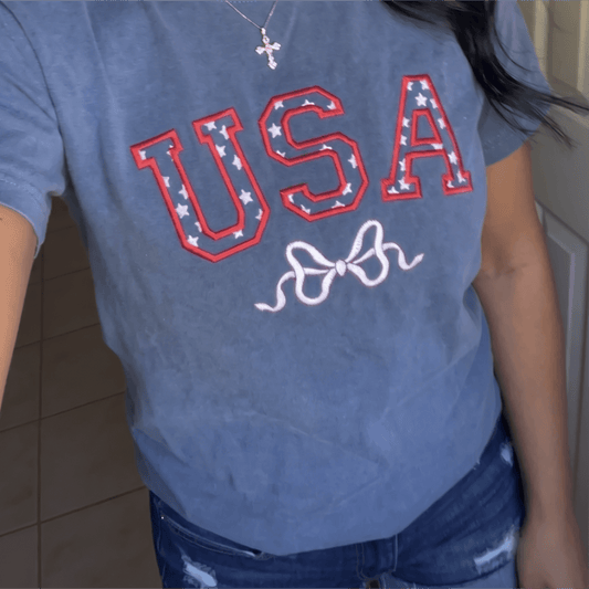USA Stars and Bow Embroidered Short Sleeve T-Shirt
